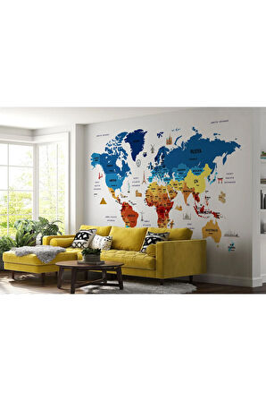 Oxyteez   Türkçe Dünya Haritası Duvar Kağıdı Ülke-Başkentli Öğretici ve Sembollü-2266 2266