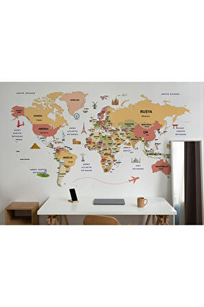 Oxyteez   Türkçe Dünya Haritası Duvar Kağıdı Ülke-Başkentli Öğretici ve Sembollü-2308 2308