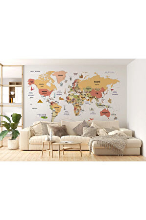 Oxyteez   Türkçe Dünya Haritası Duvar Kağıdı Ülke-Başkentli Öğretici ve Sembollü-2308 2308