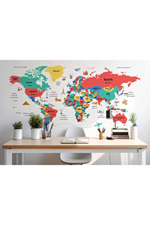 Oxyteez   Türkçe Dünya Haritası Dekoratif Duvar Kağıdı Ülke-Başkentli Öğretici ve Sembollü-2314 2314
