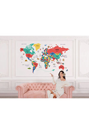 Oxyteez   Türkçe Dünya Haritası Dekoratif Duvar Kağıdı Ülke-Başkentli Öğretici ve Sembollü-2314 2314
