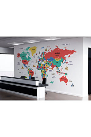 Oxyteez   Türkçe Dünya Haritası Dekoratif Duvar Kağıdı Ülke-Başkentli Öğretici ve Sembollü-2314 2314
