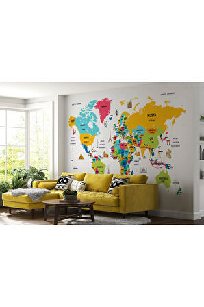Oxyteez   Türkçe Dünya Haritası Dekoratif Kanvas Tablo Ülke-Başkentli Öğretici ve Sembollü 2316 2316