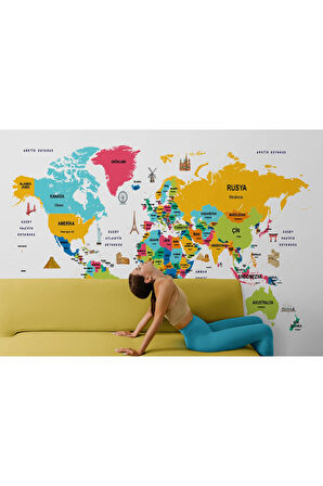 Oxyteez   Türkçe Dünya Haritası Dekoratif Kanvas Tablo Ülke-Başkentli Öğretici ve Sembollü 2316 2316