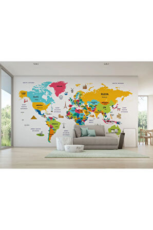 Oxyteez   Türkçe Dünya Haritası Dekoratif Kanvas Tablo Ülke-Başkentli Öğretici ve Sembollü 2316 2316