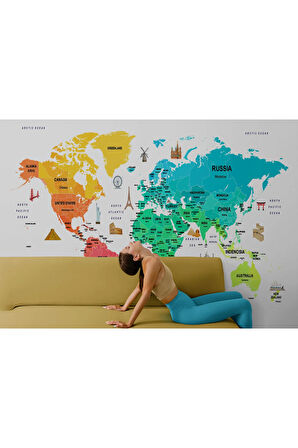 Oxyteez   Dünya Haritası Renkli Duvar Kağıdı Ülke ve Başkentli İngilizce Dünya Haritası -2337 2337