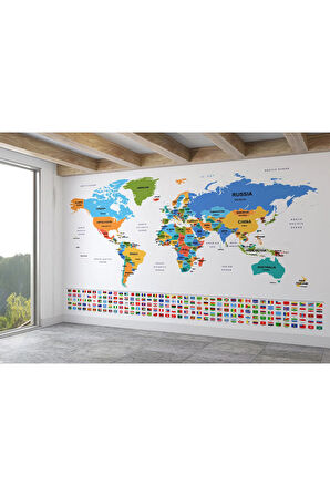 Oxyteez   Bayraklı Dünya Haritası Renkli Duvar Kağıdı İngilizce Ülke ve Başkentli -2413 2413