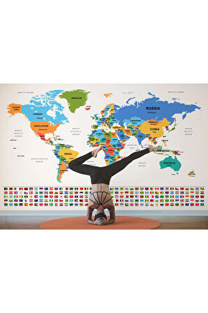 Oxyteez   Bayraklı Dünya Haritası Renkli Duvar Kağıdı İngilizce Ülke ve Başkentli -2413 2413