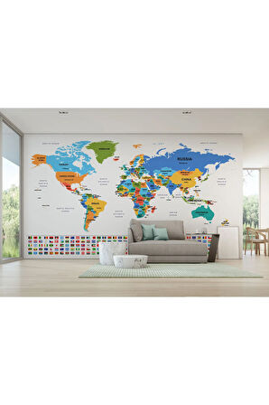 Oxyteez   Bayraklı Dünya Haritası Renkli Duvar Kağıdı İngilizce Ülke ve Başkentli -2413 2413