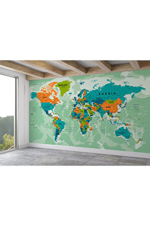Oxyteez   İngilizce Dünya Haritası Duvar Kağıdı Okyanuslu Eğitici Detaylı-2543 2543
