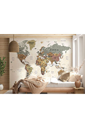 Oxyteez   Dünya Haritası Duvar Kağıdı Pastel Tonlar İngilizce Eğitici Dünya Haritası-2551 2551