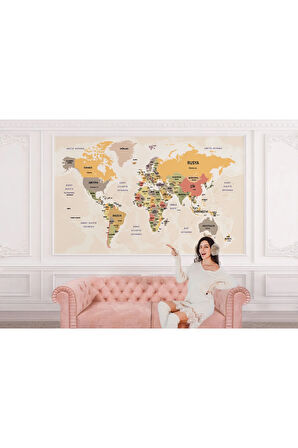 Oxyteez   Türkçe Dünya Haritası Duvar Kağıdı Ülke Başkentli ve Okyanus Detaylı Tablo-2744 2744