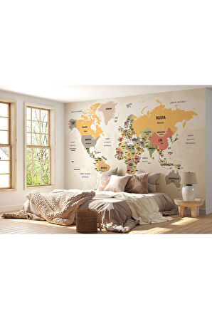 Oxyteez   Türkçe Dünya Haritası Duvar Kağıdı Ülke Başkentli ve Okyanus Detaylı Tablo-2744 2744