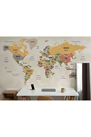 Oxyteez   Türkçe Dünya Haritası Duvar Kağıdı Ülke Başkentli ve Okyanus Detaylı Tablo-2744 2744