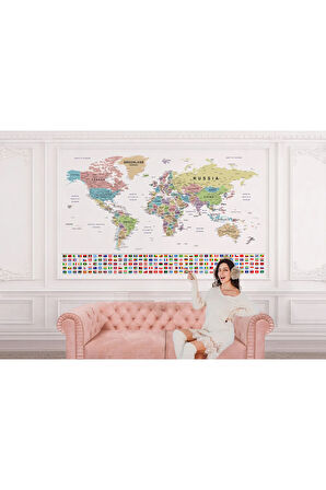 Oxyteez   Bayraklı Dünya Haritası Duvar Kağıdı İngilizce Ülke ve Başkentli -2786 2786
