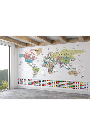Oxyteez   Bayraklı Dünya Haritası Duvar Kağıdı İngilizce Ülke ve Başkentli -2786 2786
