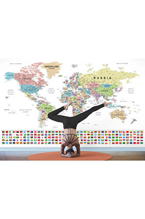 Oxyteez   Bayraklı Dünya Haritası Duvar Kağıdı İngilizce Ülke ve Başkentli -2786 2786