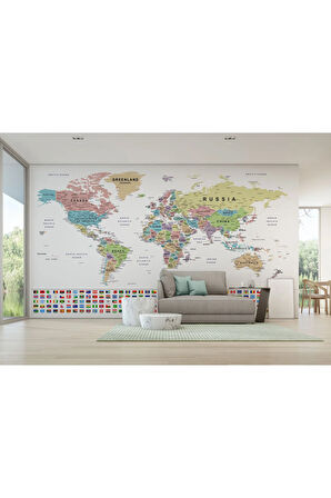Oxyteez   Bayraklı Dünya Haritası Duvar Kağıdı İngilizce Ülke ve Başkentli -2786 2786