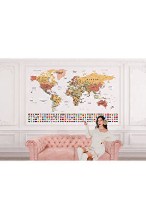 Oxyteez   Bayraklı Dünya Haritası Duvar Kağıdı İngilizce Eğitici ve Detaylı-2788 2788