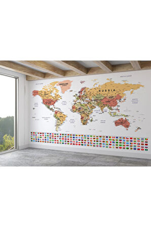 Oxyteez   Bayraklı Dünya Haritası Duvar Kağıdı İngilizce Eğitici ve Detaylı-2788 2788