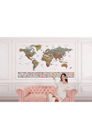 Oxyteez   Bayraklı Dünya Haritası Duvar Kağıdı İngilizce Eğitici ve Detaylı-2808 2808