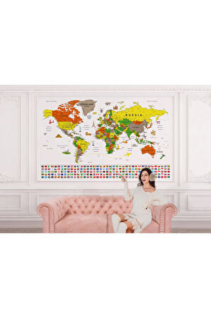 Oxyteez   Bayraklı Dünya Haritası Duvar Kağıdı İngilizce Eğitici ve Detaylı-2823 2823