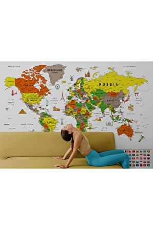 Oxyteez   Bayraklı Dünya Haritası Duvar Kağıdı İngilizce Eğitici ve Detaylı-2823 2823