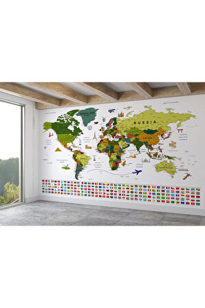 Oxyteez   Bayraklı Dünya Haritası Duvar Kağıdı İngilizce Eğitici ve Detaylı-2825 2825