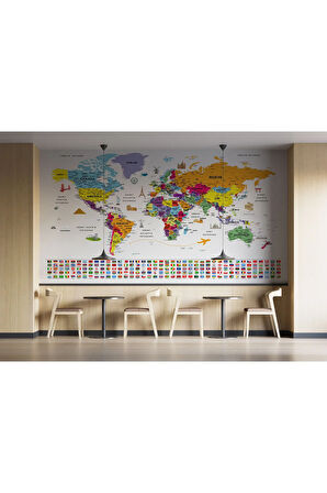 Oxyteez   Türkçe Dünya Haritası Ayrıntılı Eğitici Sembollü Bayraklı Dekoratif Duvar Kağıdı-2834 2834