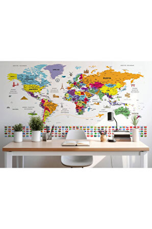 Oxyteez   Türkçe Dünya Haritası Ayrıntılı Eğitici Sembollü Bayraklı Dekoratif Duvar Kağıdı-2834 2834