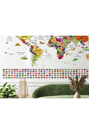 Oxyteez   Türkçe Dünya Haritası Ayrıntılı Eğitici Sembollü Bayraklı Dekoratif Duvar Kağıdı-2840 2840
