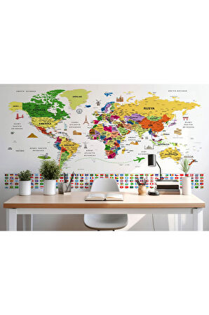Oxyteez   Türkçe Dünya Haritası Ayrıntılı Eğitici Sembollü Bayraklı Dekoratif Duvar Kağıdı-2840 2840