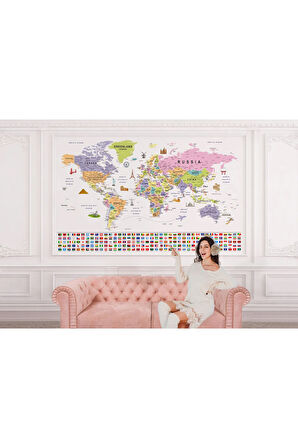 Oxyteez   Bayraklı Dünya Haritası Duvar Kağıdı İngilizce Eğitici ve Detaylı-2845 2845