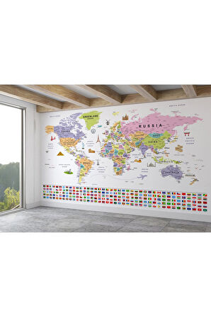 Oxyteez   Bayraklı Dünya Haritası Duvar Kağıdı İngilizce Eğitici ve Detaylı-2845 2845