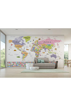 Oxyteez   Bayraklı Dünya Haritası Duvar Kağıdı İngilizce Eğitici ve Detaylı-2845 2845