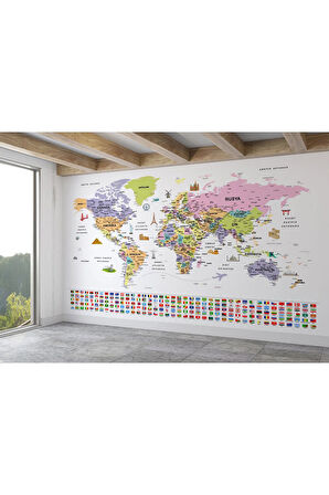 Oxyteez   ürkçe Dünya Haritası Ayrıntılı Eğitici Sembollü Bayraklı Dekoratif Duvar Kağıdı 2846 2846