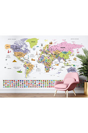 Oxyteez   ürkçe Dünya Haritası Ayrıntılı Eğitici Sembollü Bayraklı Dekoratif Duvar Kağıdı 2846 2846