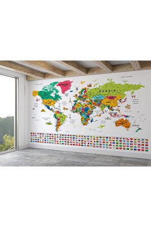 Oxyteez   Bayraklı Dünya Haritası Duvar Kağıdı İngilizce Eğitici ve Detaylı-2869 2869