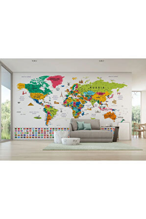 Oxyteez   Bayraklı Dünya Haritası Duvar Kağıdı İngilizce Eğitici ve Detaylı-2869 2869