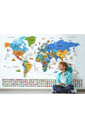 Oxyteez   Türkçe Dünya Haritası Ayrıntılı Eğitici Sembollü Bayraklı Dekoratif Duvar Kağıdı-2886 2886
