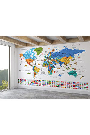 Oxyteez   Türkçe Dünya Haritası Ayrıntılı Eğitici Sembollü Bayraklı Dekoratif Duvar Kağıdı-2886 2886