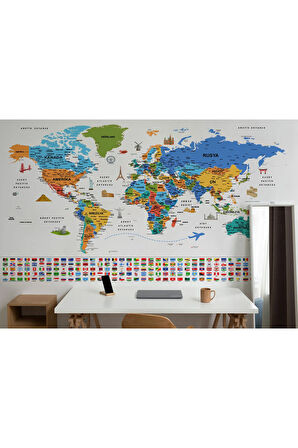 Oxyteez   Türkçe Dünya Haritası Ayrıntılı Eğitici Sembollü Bayraklı Dekoratif Duvar Kağıdı-2886 2886
