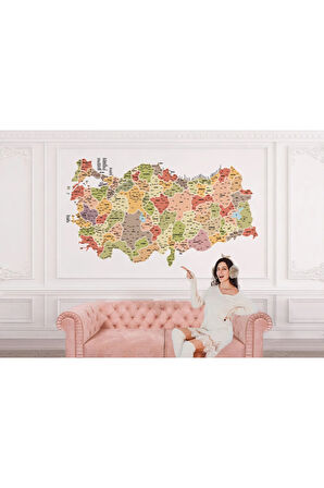 Oxyteez   Türkiye Haritası İl ve İlçeli Ayrıntılı Eğitici Dekoratif Duvar Kağıdı-3045 3045
