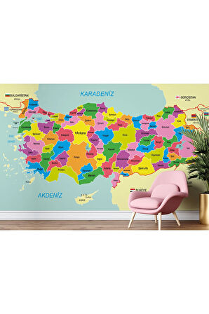 Oxyteez   Türkiye Haritası Sınır Komşulu Eğitici Dekoratif Duvar Kağıdı-3085 3085