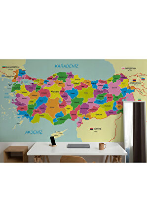 Oxyteez   Türkiye Haritası Sınır Komşulu Eğitici Dekoratif Duvar Kağıdı-3085 3085