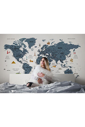 Oxyteez   Türkçe Dünya Haritası Son Derece Ayrıntılı Eğitici ve Sembollü Duvar Kağıdı-3188 3188