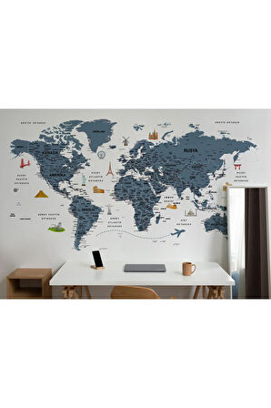 Oxyteez   Türkçe Dünya Haritası Son Derece Ayrıntılı Eğitici ve Sembollü Duvar Kağıdı-3188 3188