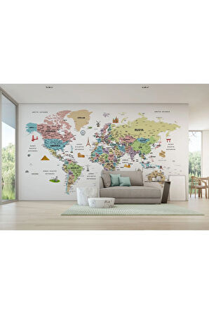 Oxyteez   Türkçe Dünya Haritası Son Derece Ayrıntılı Eğitici ve Sembollü Duvar Kağıdı-3204 3204