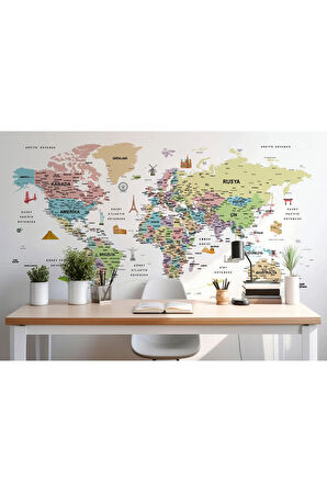 Oxyteez   Türkçe Dünya Haritası Son Derece Ayrıntılı Eğitici ve Sembollü Duvar Kağıdı-3204 3204