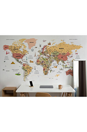 Oxyteez   Türkçe Dünya Haritası Son Derece Ayrıntılı Eğitici ve Sembollü Duvar Kağıdı-3206 3206